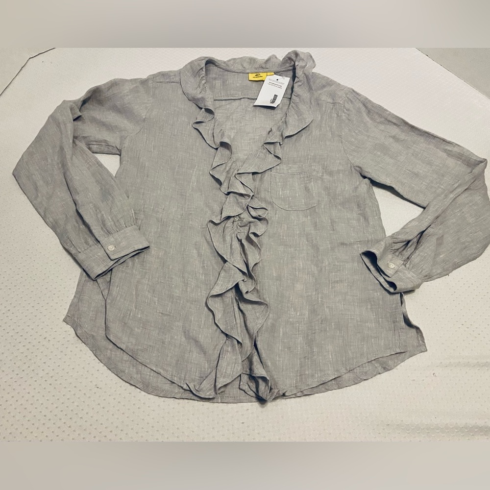 Roller Rabbit Ruffle Grey Linen Blouse, Size L